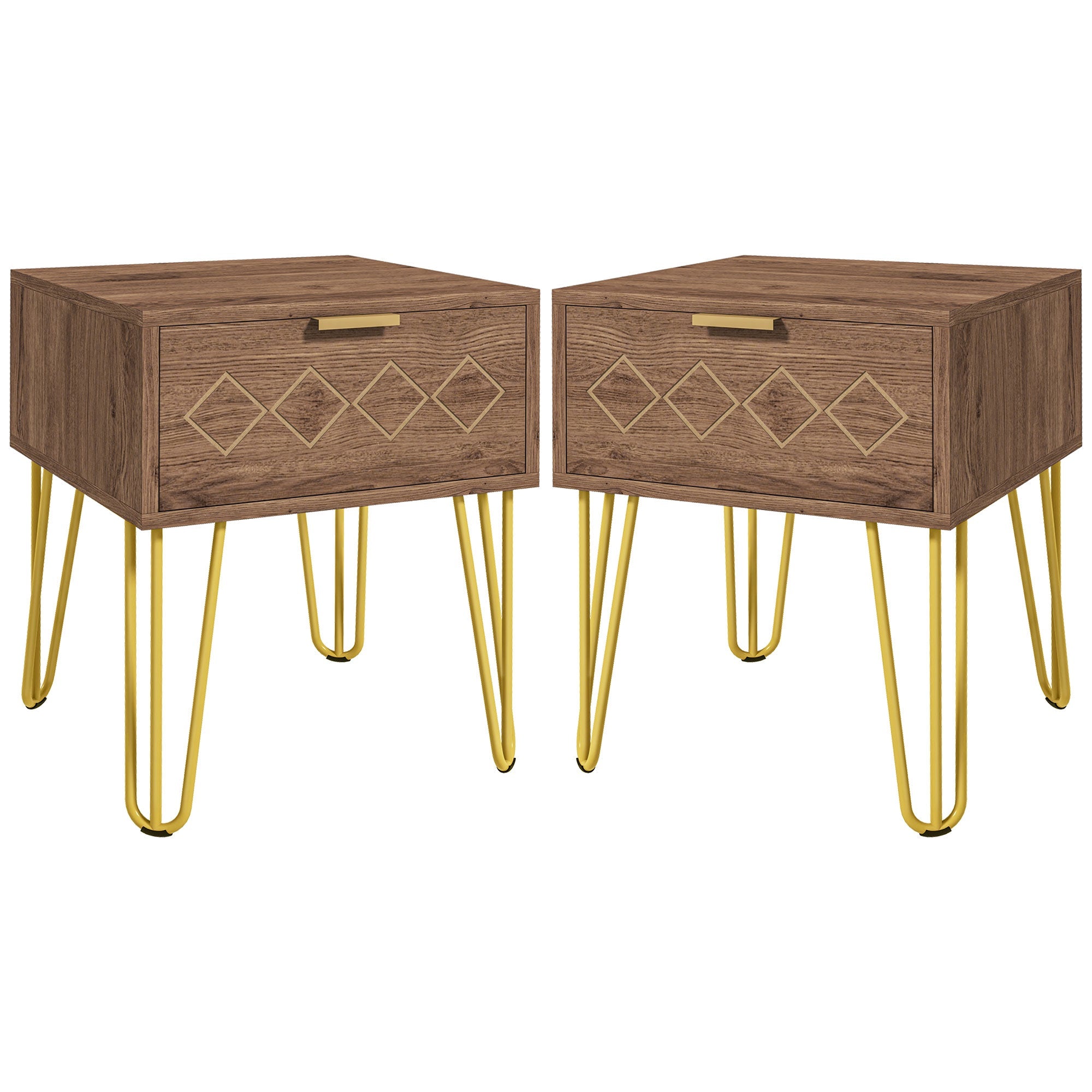 HOMCOM Bedside Table Set of 2 with Drawer, Wooden Nightstand, Modern Sofa Side Table with Gold Tone Metal Legs for Bedroom